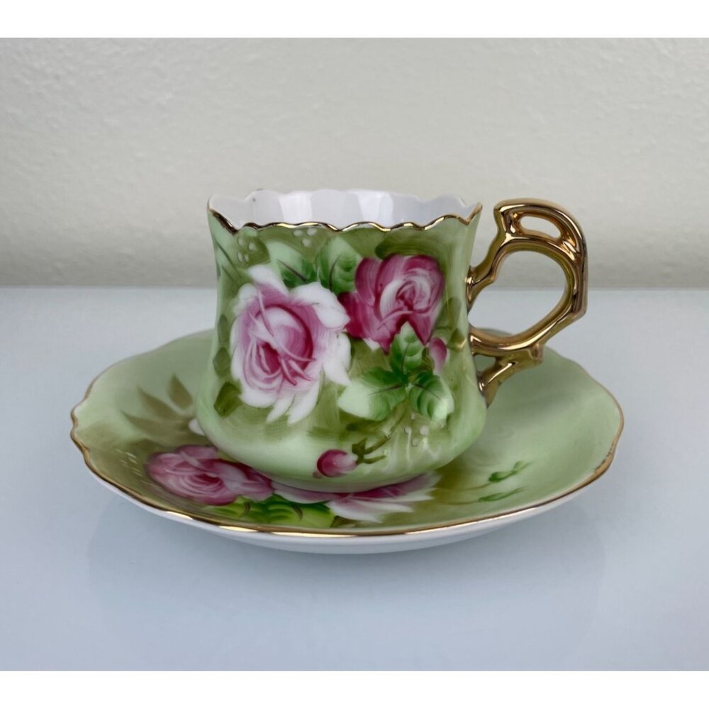 Lefton China Hand Painted Green & Pink Rose Teacup & Saucer Set, Gold Vintage - Picture 2 of 16